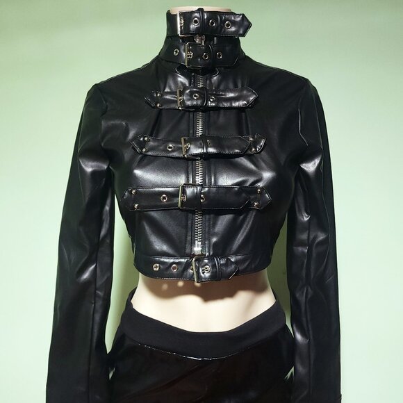 Black Capsulle Sz Small DollsKill Buckle Faux Leather Gothic Bondage Crop Jacket - Picture 2 of 6